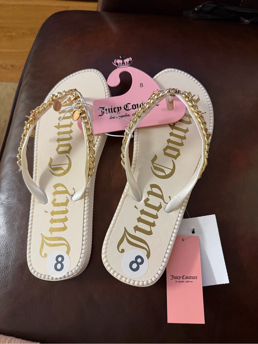 Women Juicy Couture Sandals in ivory embellished w/gold and pearls.  SZ 8